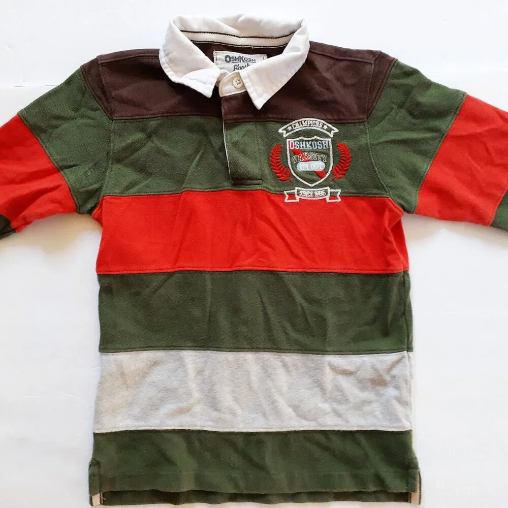 Oshkosh Boys Shirt Polo Green Orange Rugby Long Sleeve Stripe Size 6